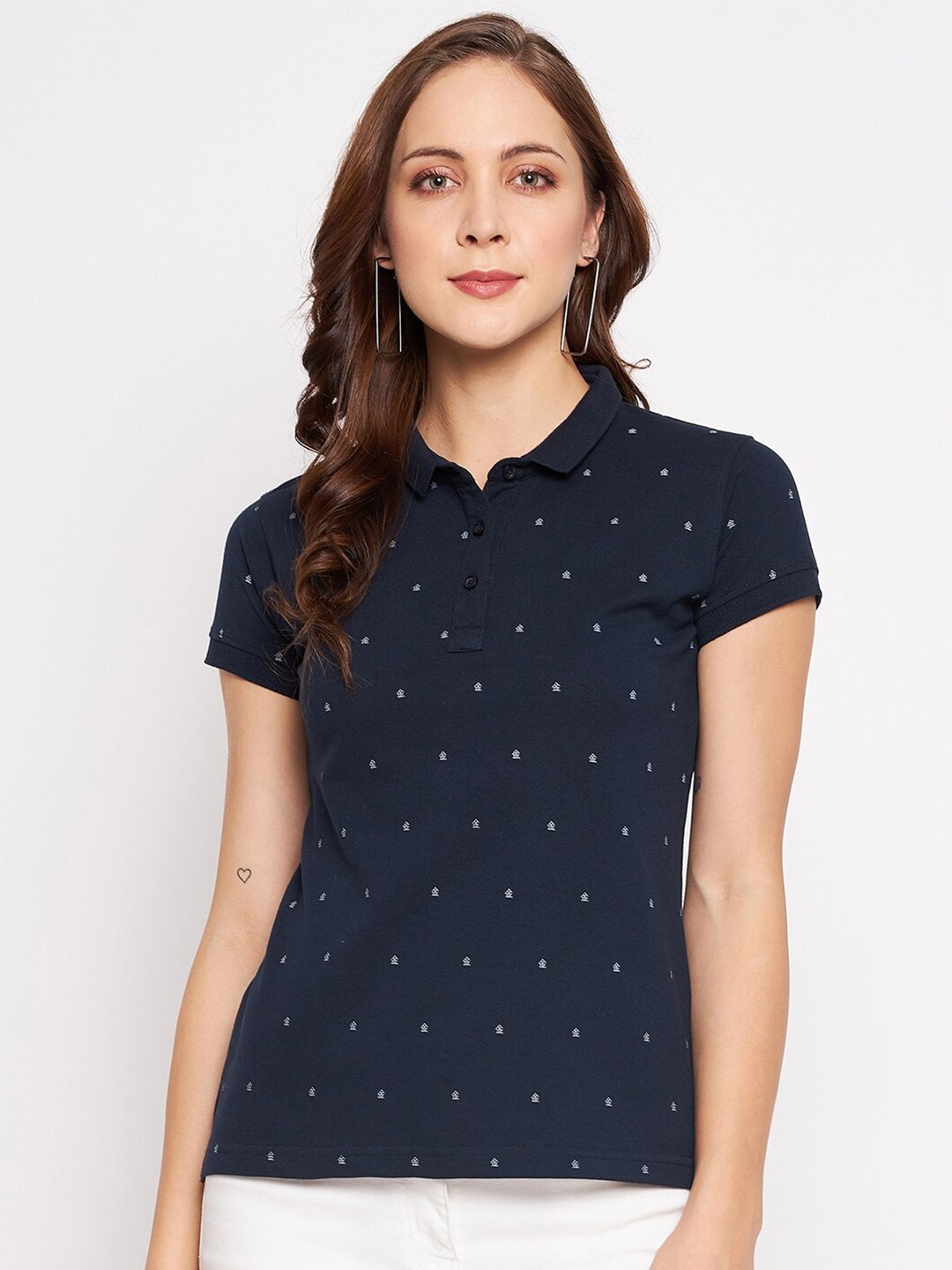 

Okane Women Navy Blue Printed Polo Collar T-shirt