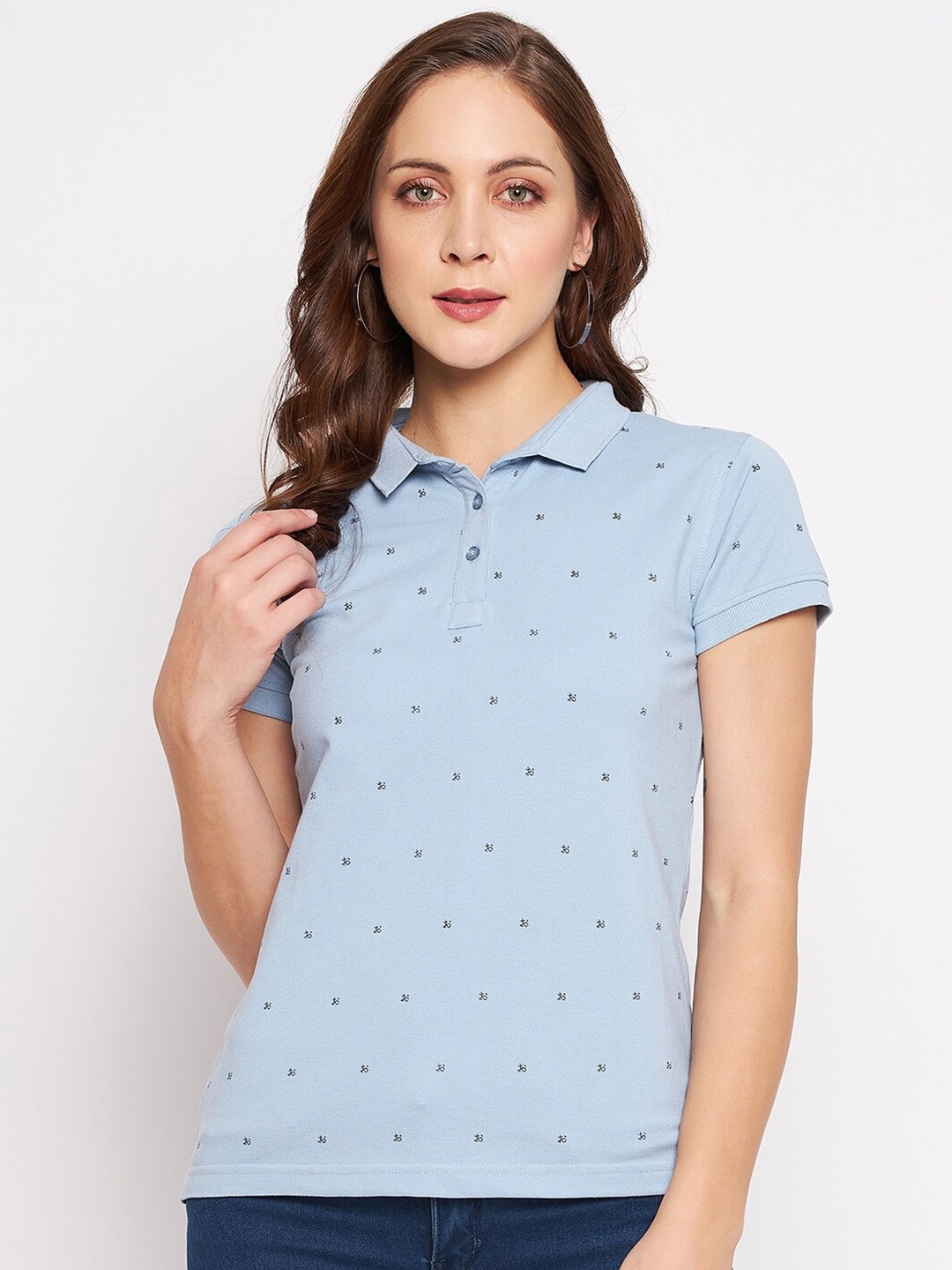 

Okane Women Blue Printed Cotton Polo Collar T-shirt
