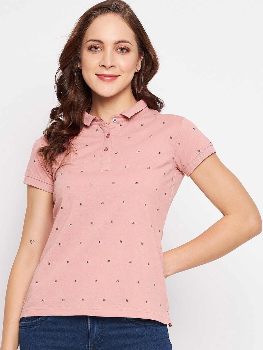 

Okane Women Peach-Coloured Printed Polo Collar T-shirt