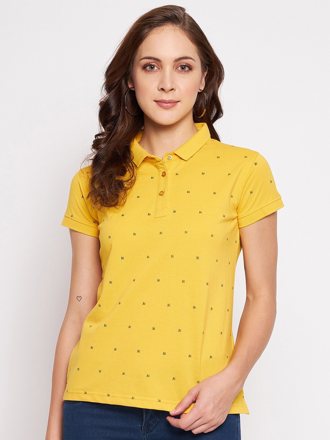 

Okane Women Yellow Printed Polo Collar T-shirt