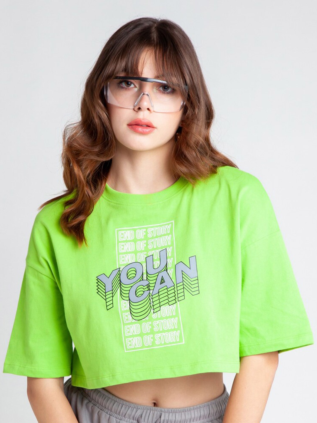 

zink Z Women Green Printed Extended Sleeves Applique Oversized T-shirt 100% Cotton