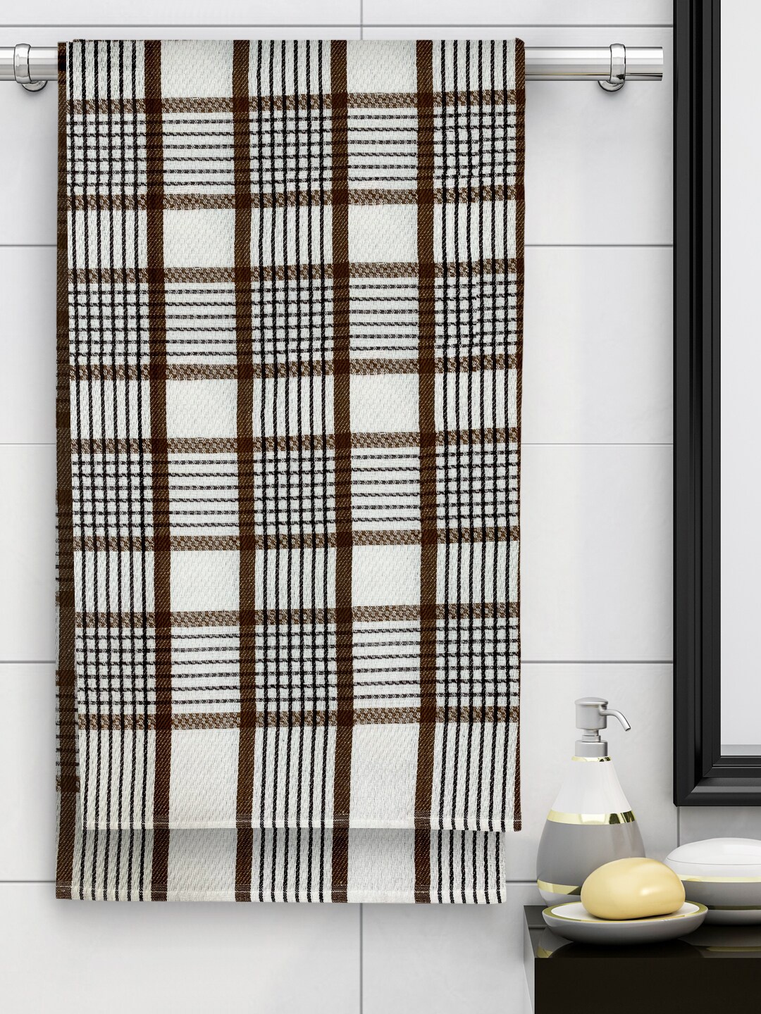 

Athom Trendz Set Of 6 White & Brown Checked 210 GSM Cotton Bath Towels