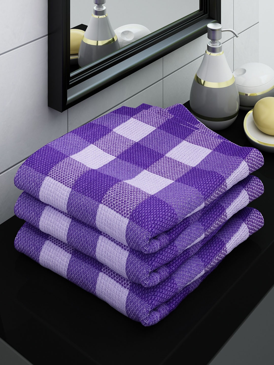 

Athom Trendz Purple & White Checked 210 GSM Cotton Bath Towels Set Of 3