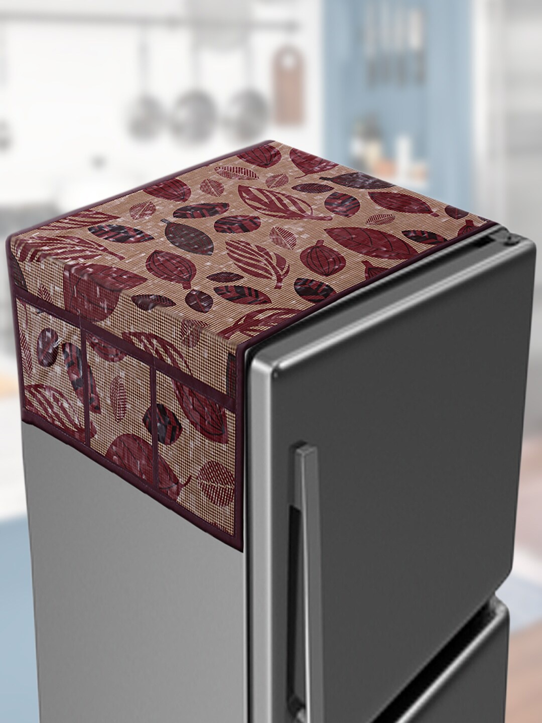 

Kuber Industries Maroon Printed PVC Fridge Top Cover With 6 Side Pockets