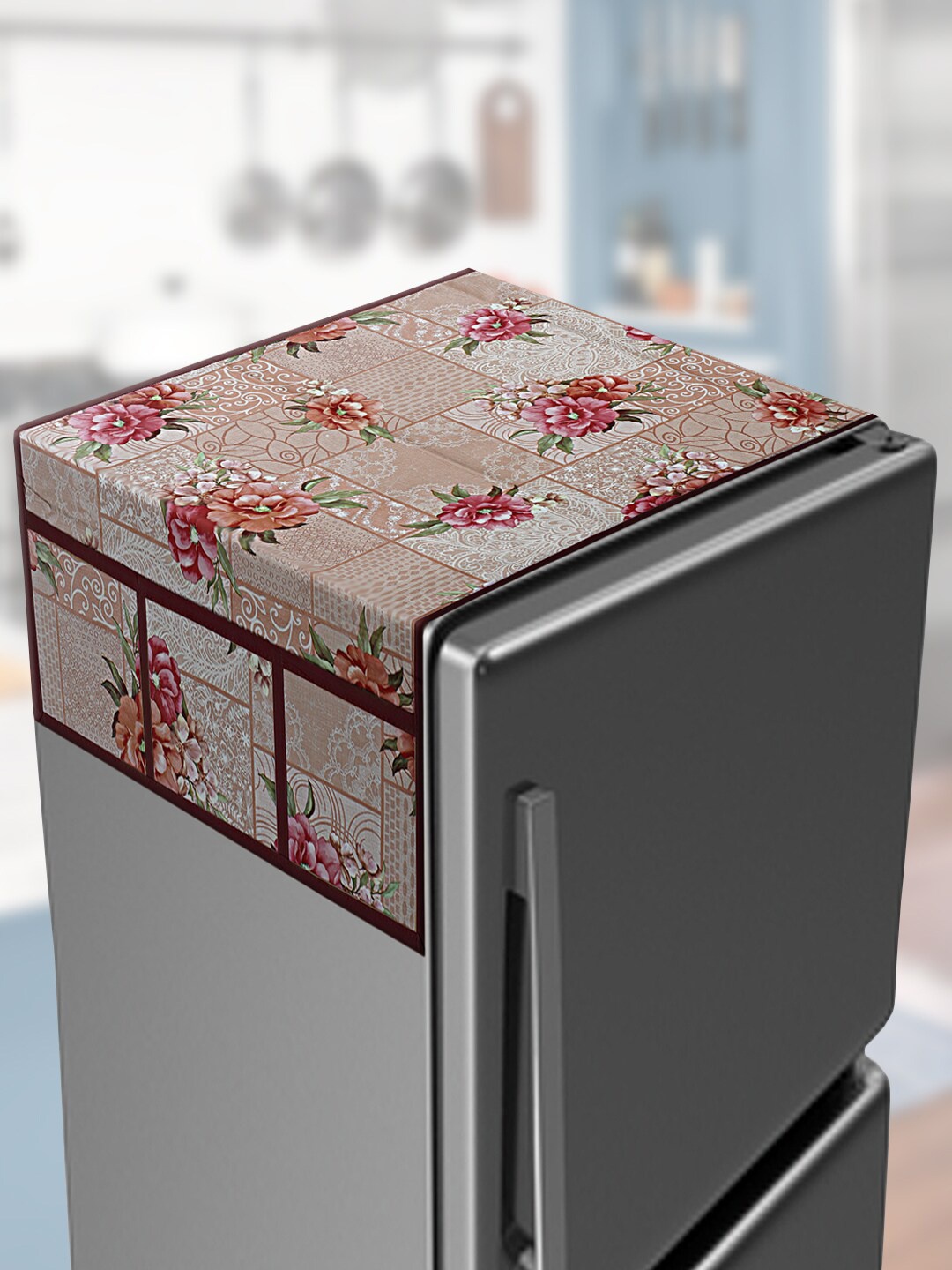 

Kuber Industries Peach-Colored & White Printed PVC Fridge Top Cover
