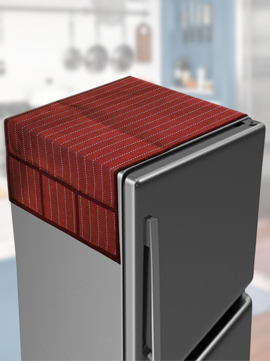 

Kuber Industries Maroon Printed Jute Refrigerator Top Cover With 6 Side Pockets