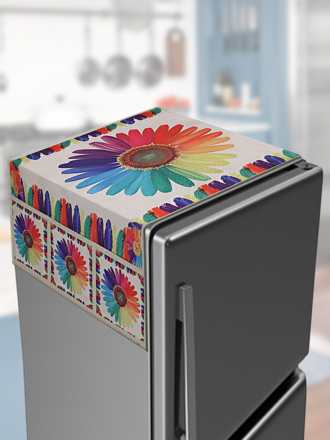 

Kuber Industries White & Blue Printed Fridge Cover With Side Pockets