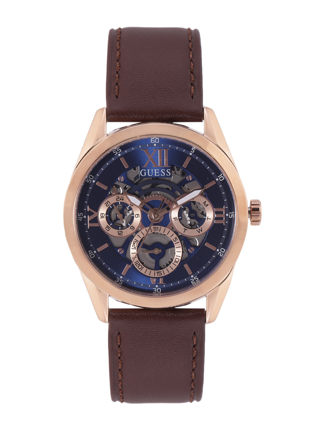 

GUESS Men Skeleton Dial & Leather Straps Analogue Multi Function Watch - GW0389G3, Navy blue