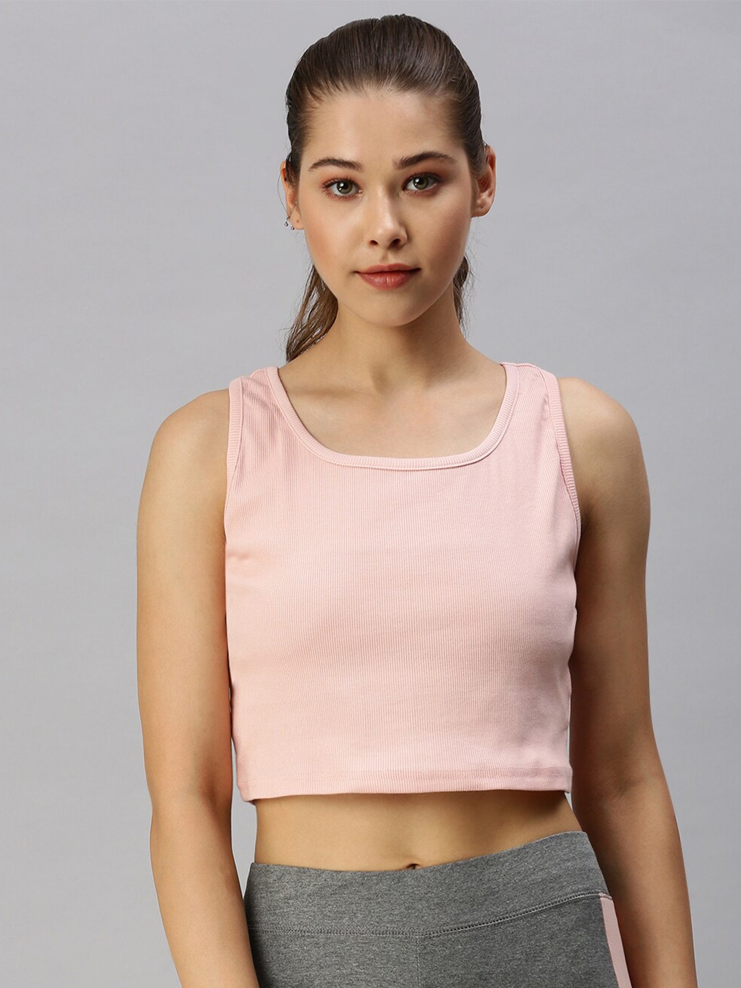 

De Moza Peach-Coloured Ribbed Crop Knitted Top