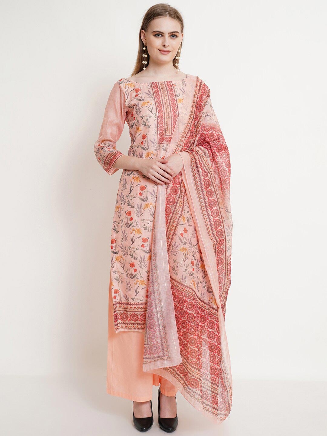 

Stylee LIFESTYLE Peach-Coloured & Red Printed Unstitched Dress Material