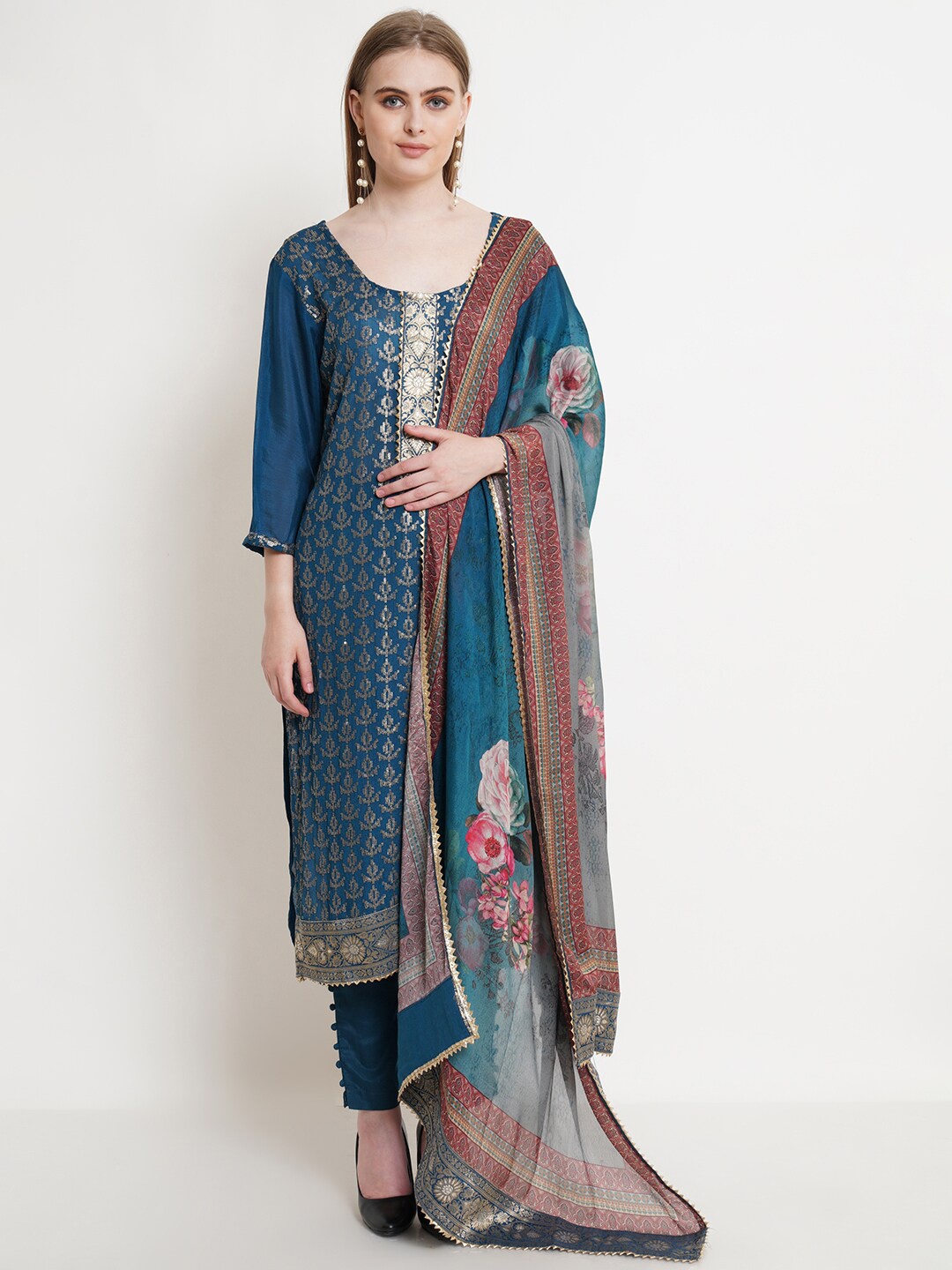 

Stylee LIFESTYLE Blue & Gold-Toned Printed Unstitched Dress Material