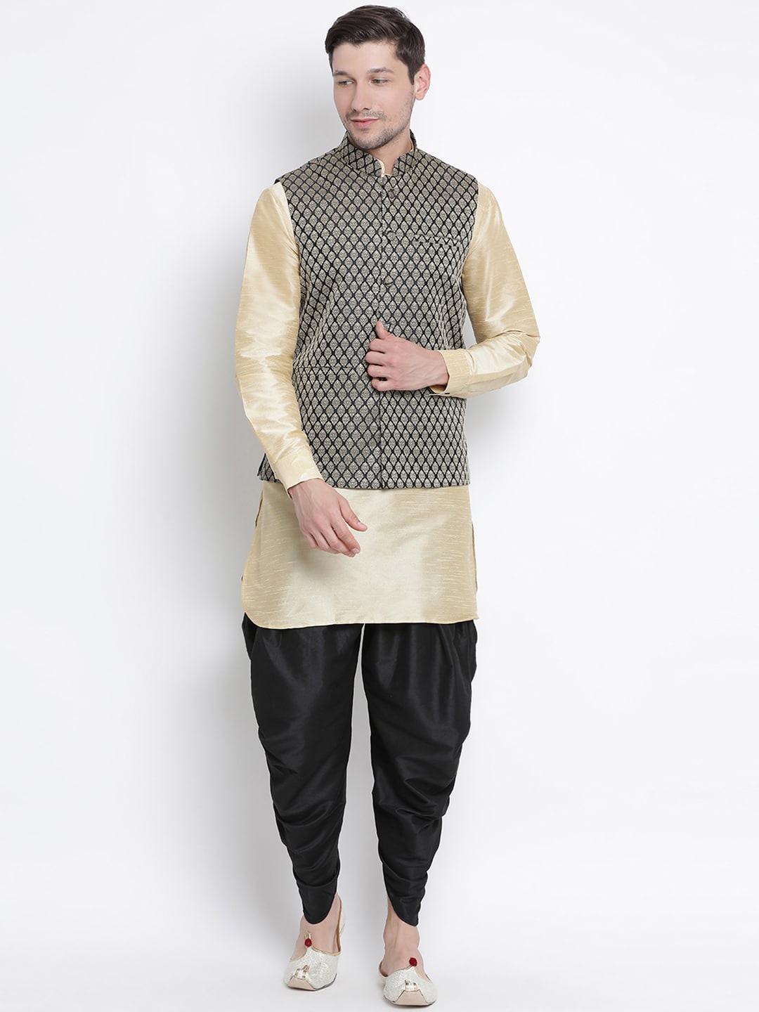 

VASTRAMAY Men Gold-Toned Layered Kurta with Dhoti Pants