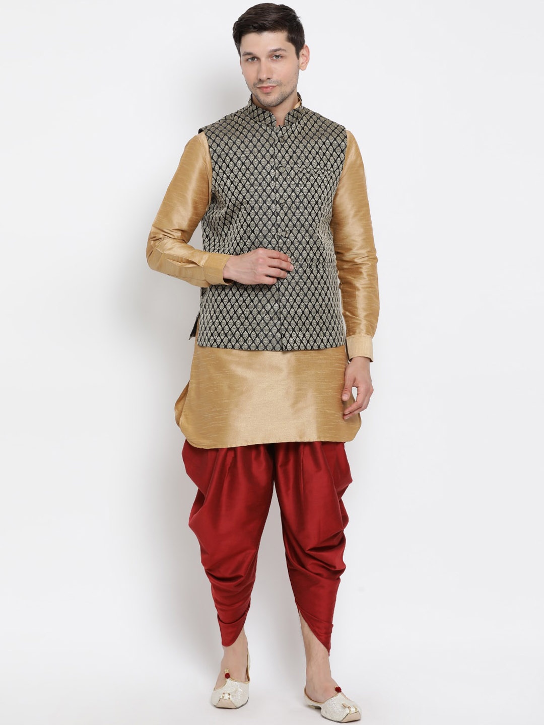 

VASTRAMAY Men Rose Gold Layered Kurta with Dhoti Pants