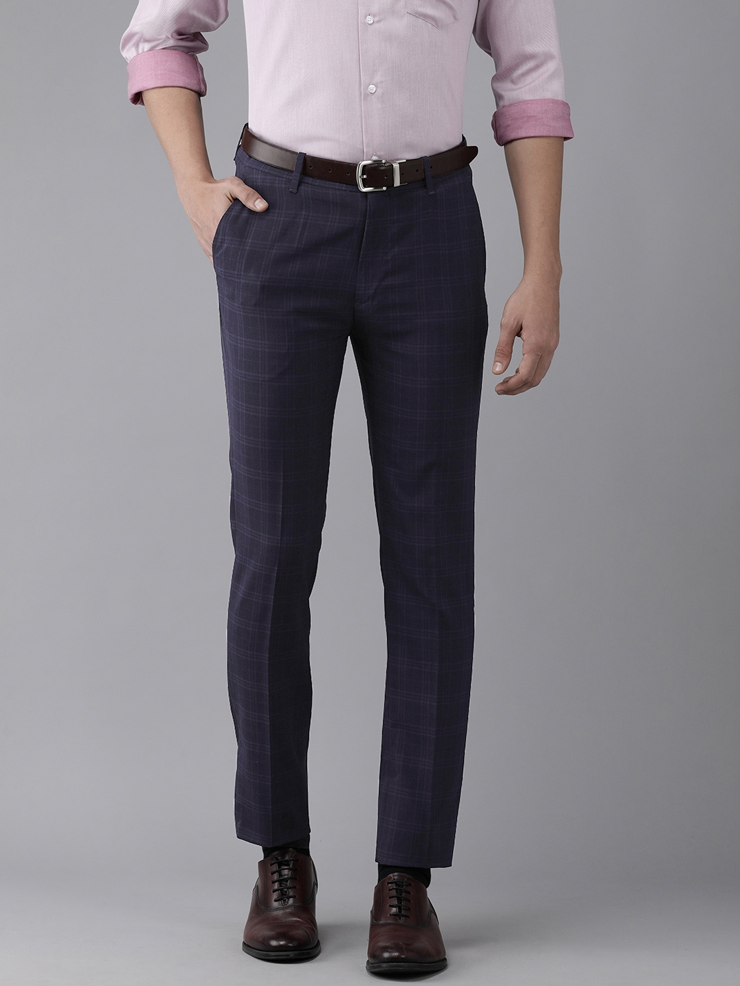 

Arrow New York Men Navy Blue & Grey Checked Original Slim Fit Trousers