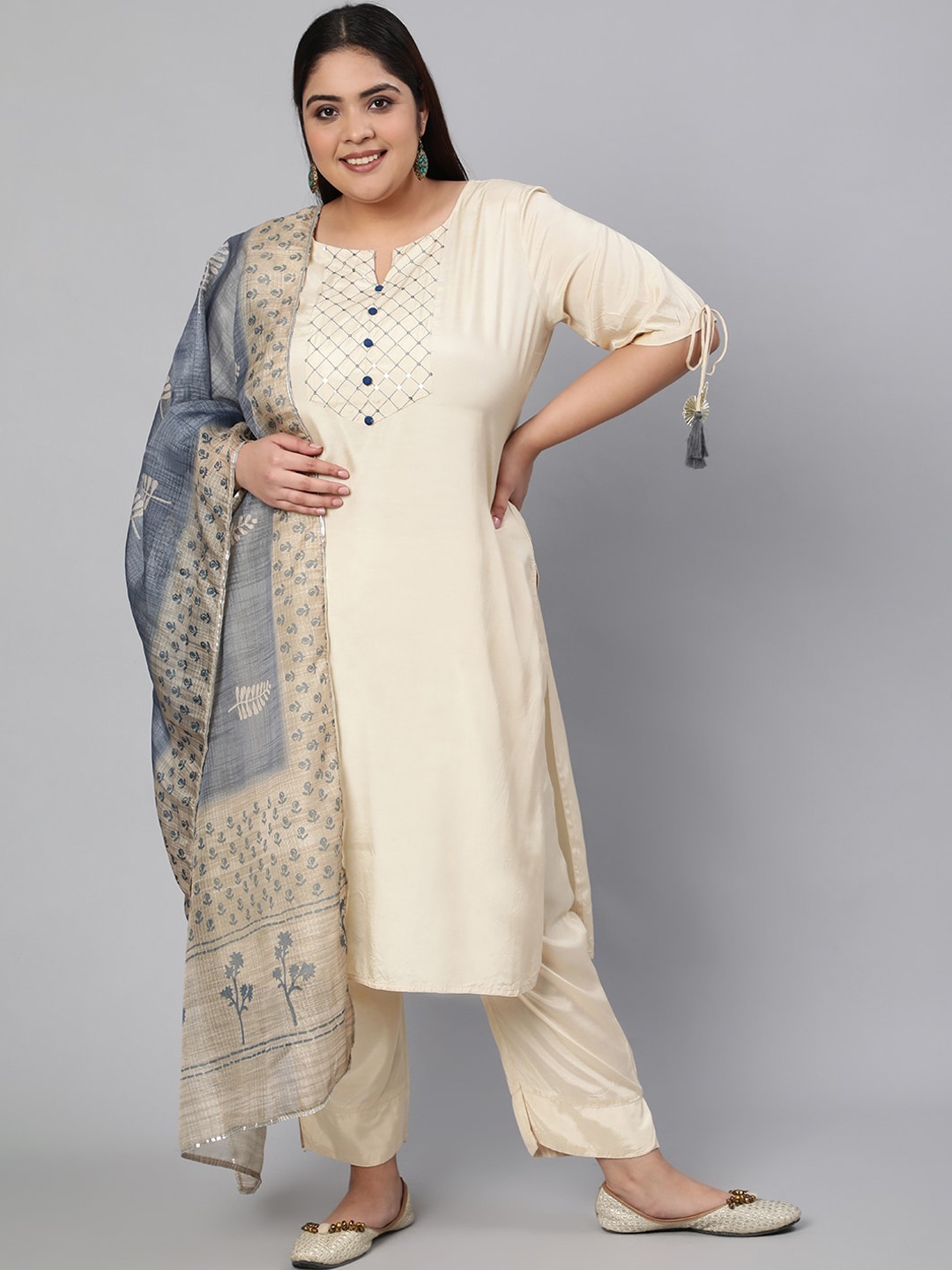 

Jaipur Kurti Women Beige Yoke Design Kurta with Trousers & With Dupatta