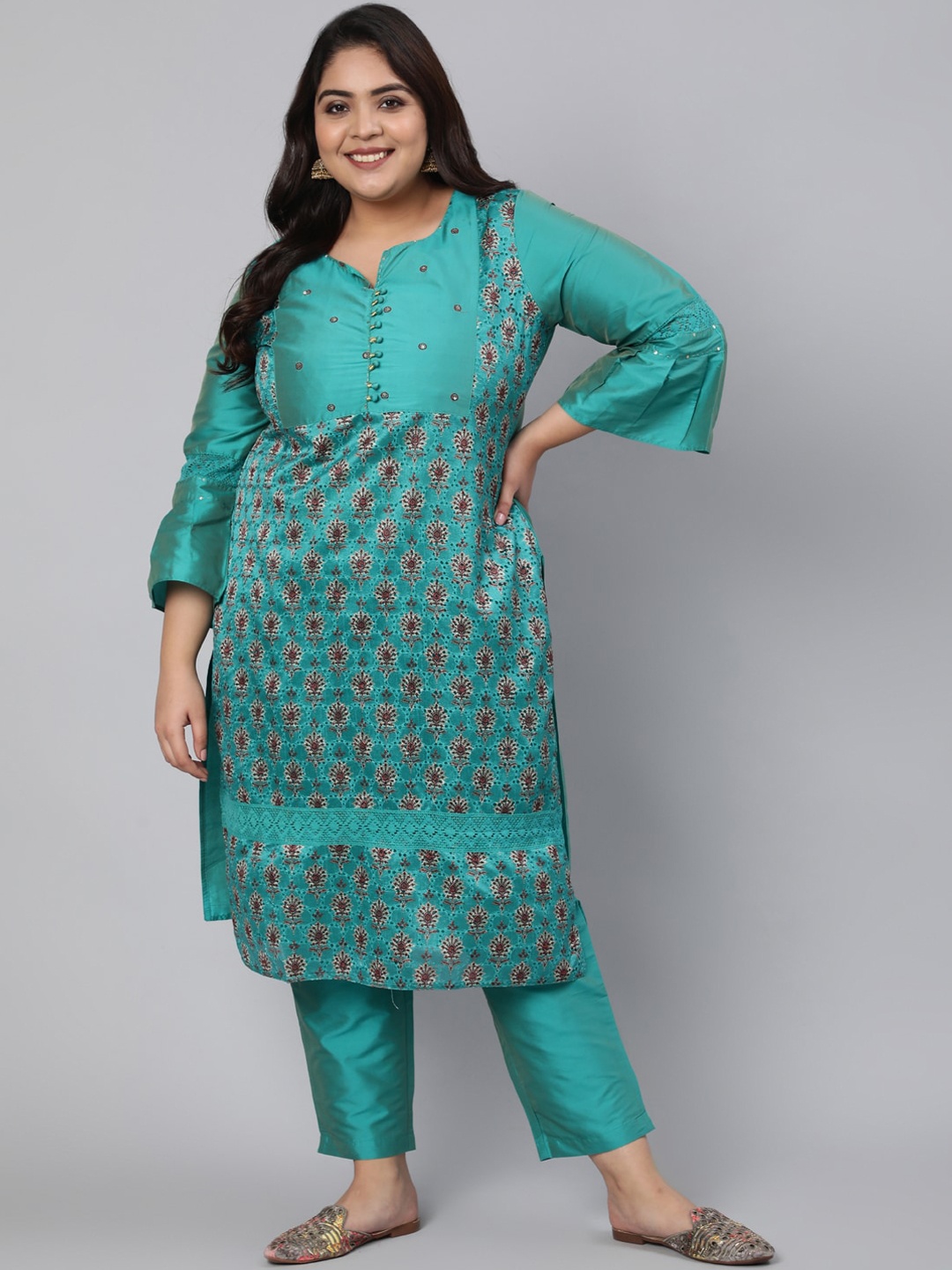 

Jaipur Kurti Plus Size Women Green Floral Embroidered Kurta with Trousers