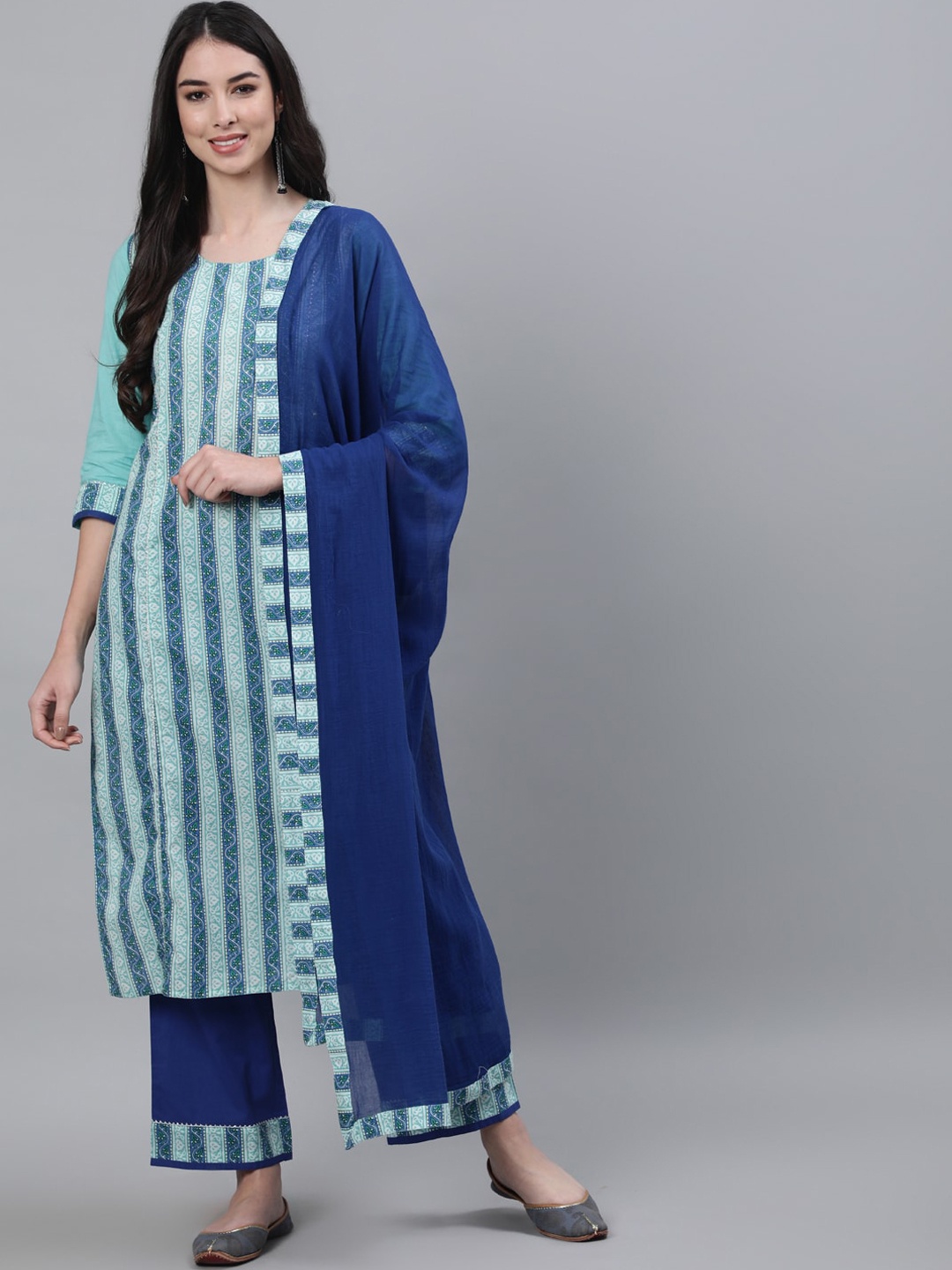 

Jaipur Kurti Women Blue Ethnic Motifs Printed Pure Cotton Kurta with Trousers & With Dupatta