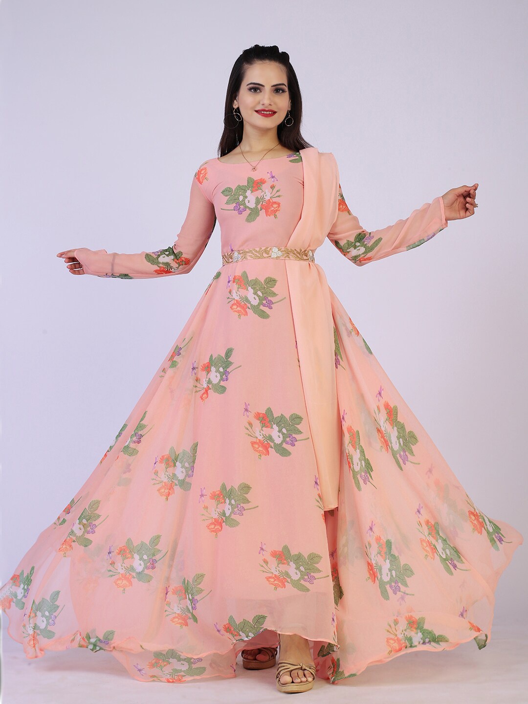 

PRENEA Peach-Coloured Floral Printed Georgette Ethnic Gown with Dupatta