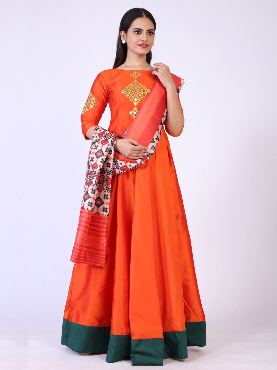 

PRENEA Women Orange & Green Embellished Mirror Work Anarkali Kurta With Dupatta