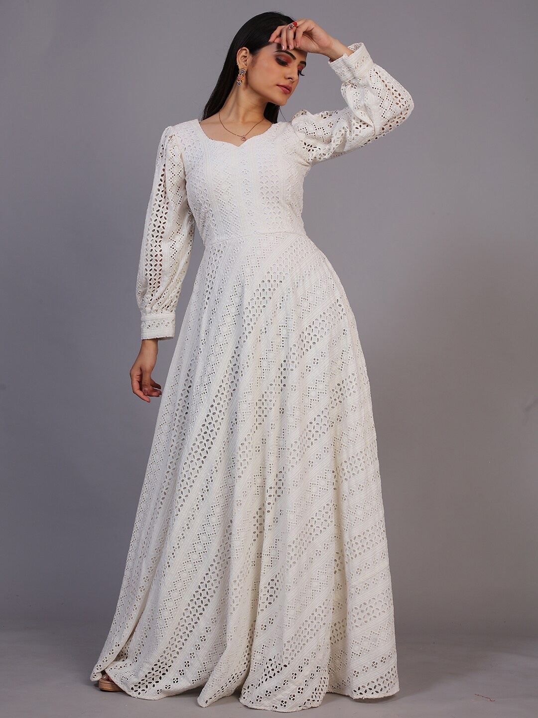 

PRENEA Off-White Schiffli Ethnic Gown Maxi Dress