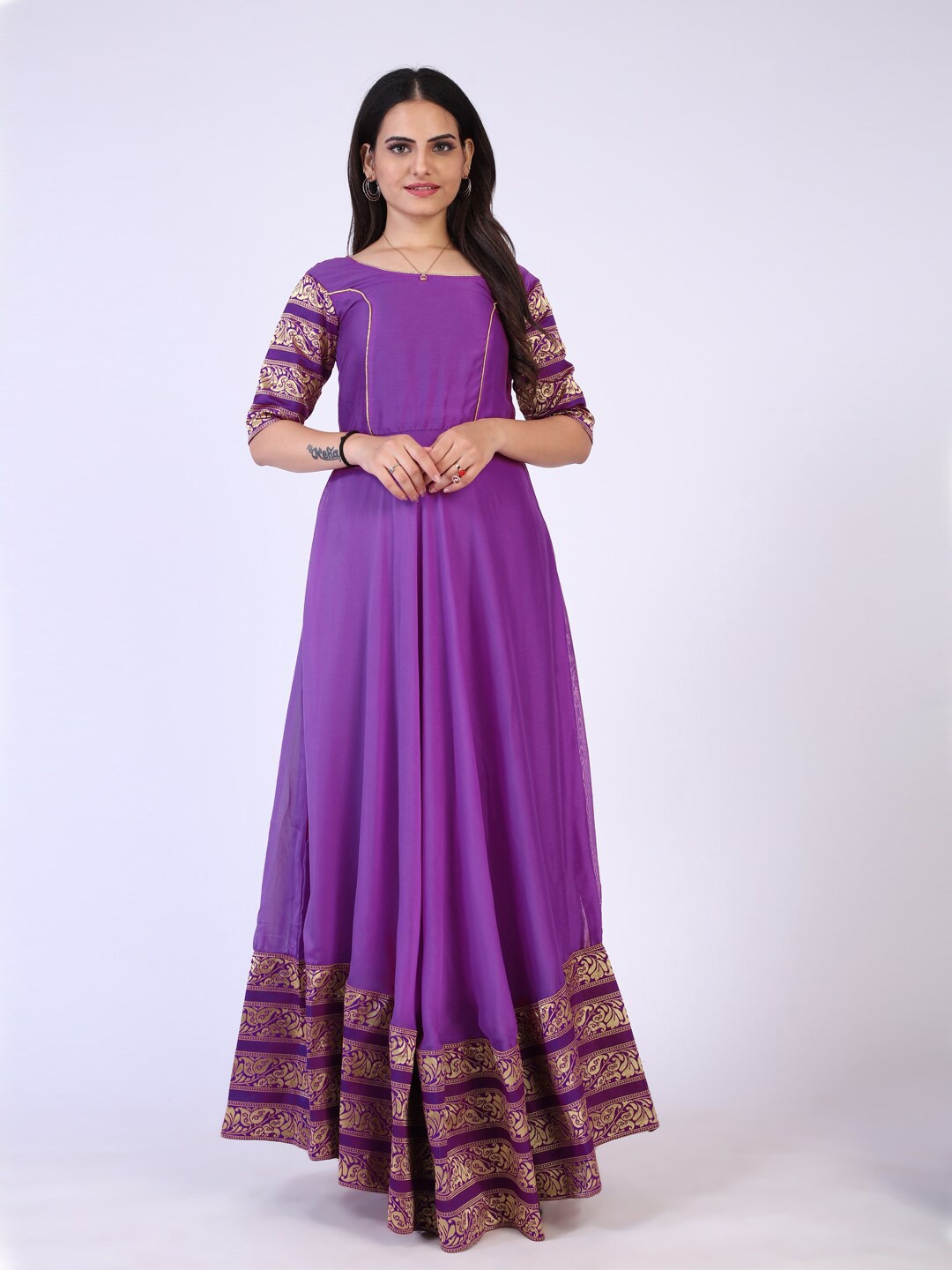 

PRENEA Purple & Gold-Toned Georgette Maxi Dress