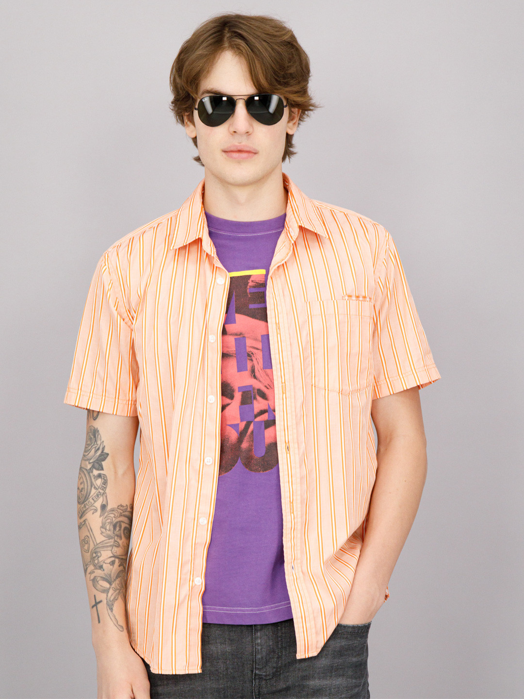 

FREESOUL Men Orange Striped Pure Cotton Casual Shirt