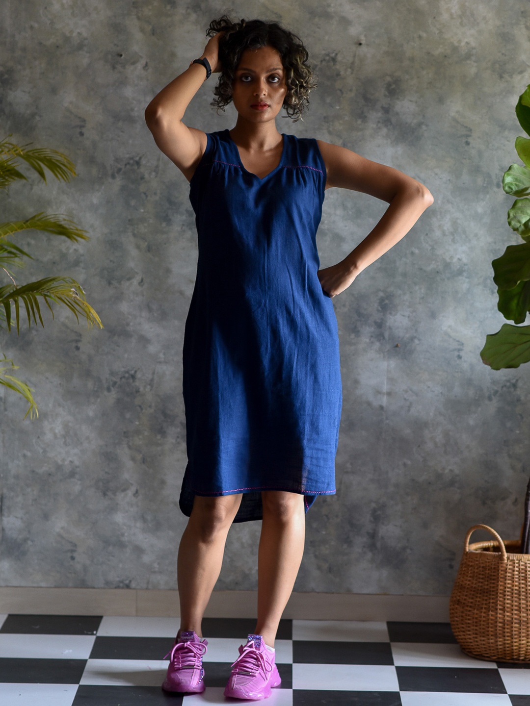 

Suta Women Navy Blue A-Line Cotton Dress
