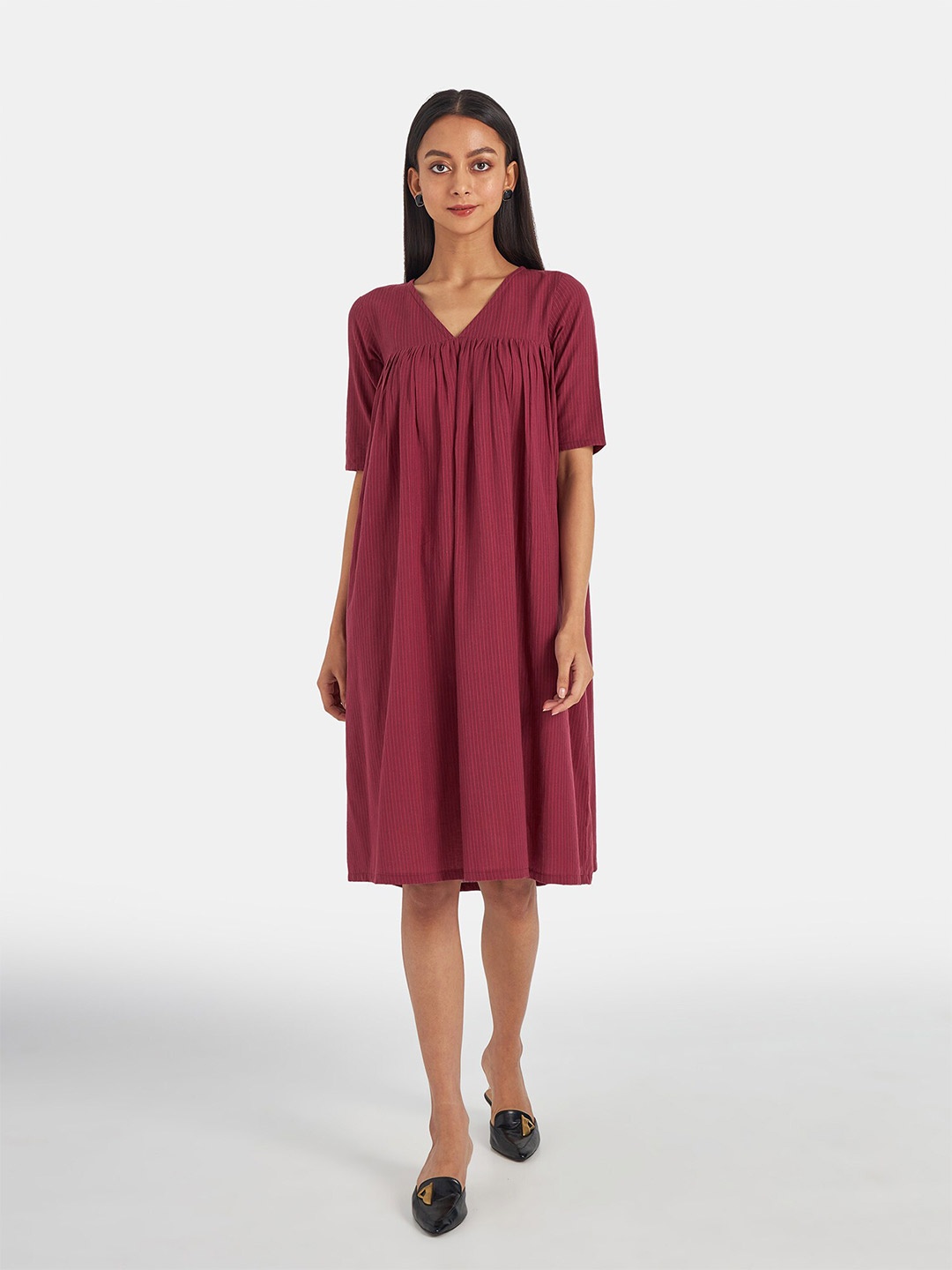 

Suta Maroon Gathered A-Line Dress
