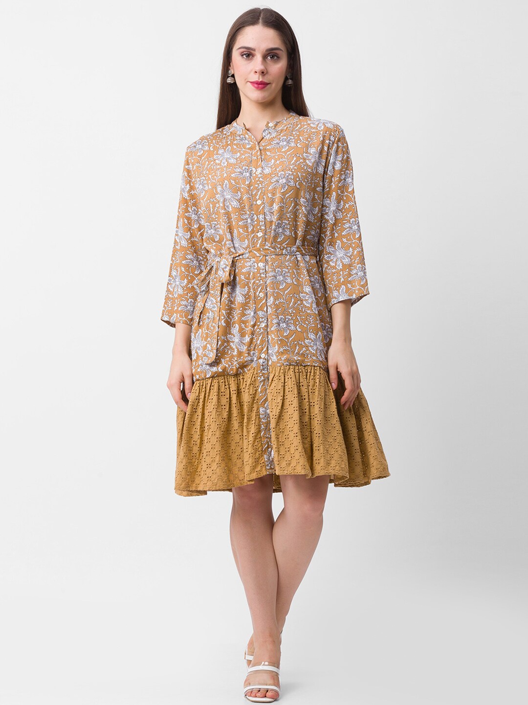 

Globus Tan Brown Floral Printed Waist Tie-Up Crepe Dress