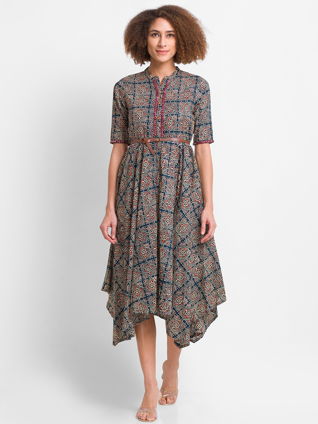 

Globus Blue & Red Ethnic Motifs Midi Dress