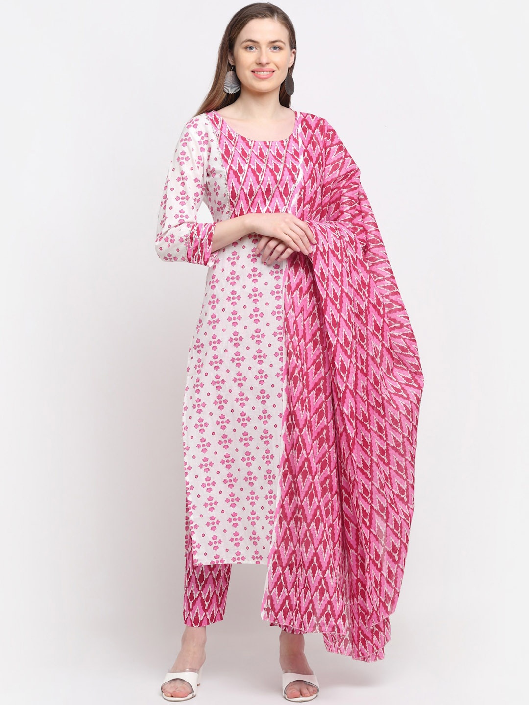 

KALINI Women White & Pink Floral Printed Pure Cotton Kurta with Trousers & With Dupatta