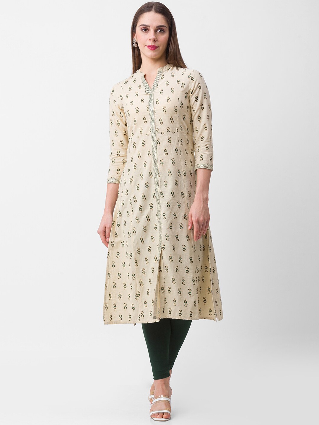

Globus Women Cream-Coloured Printed Sequins Anarkali Kurta