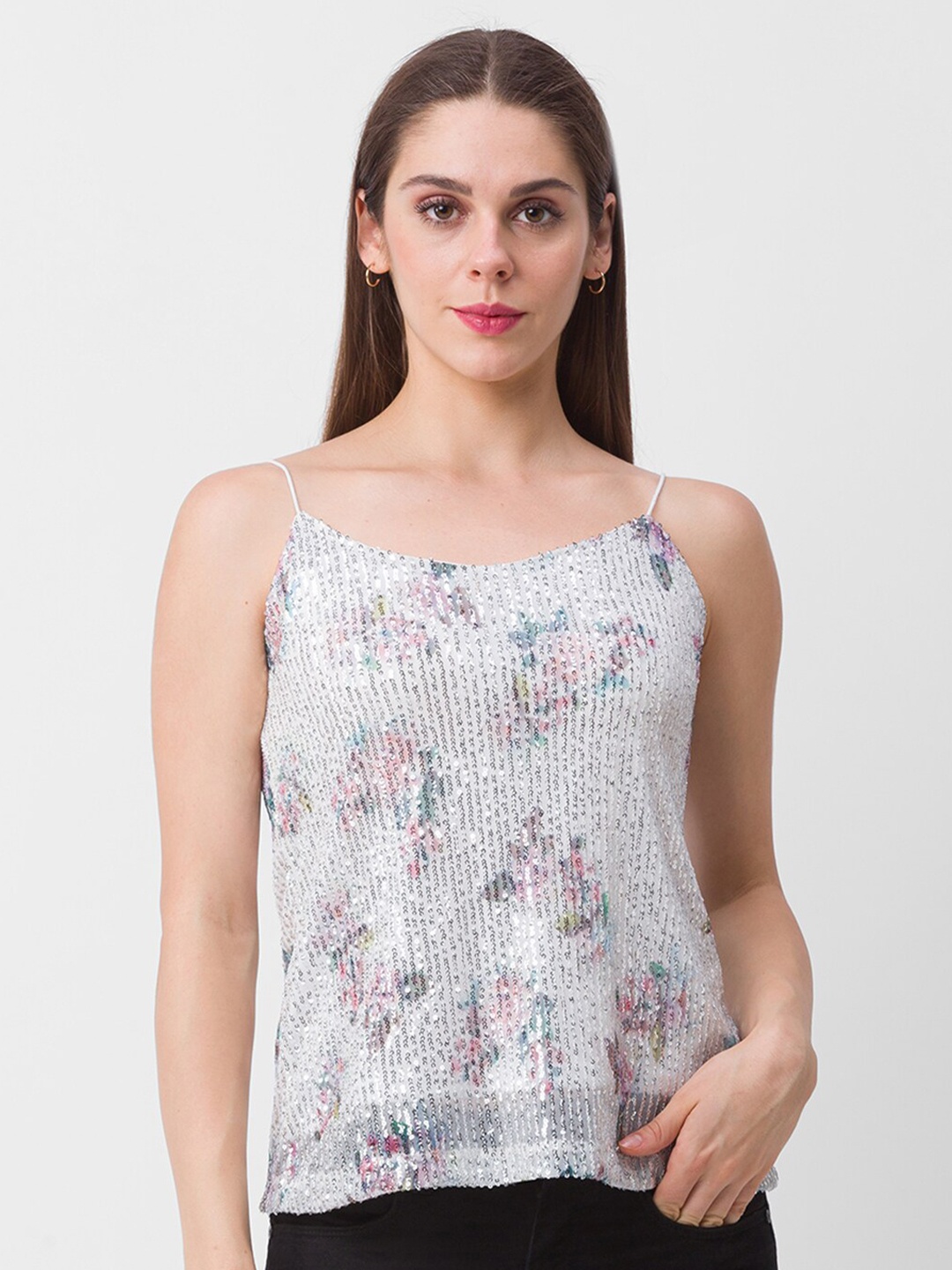 

Globus White & Pink Floral Printed Embellished Top