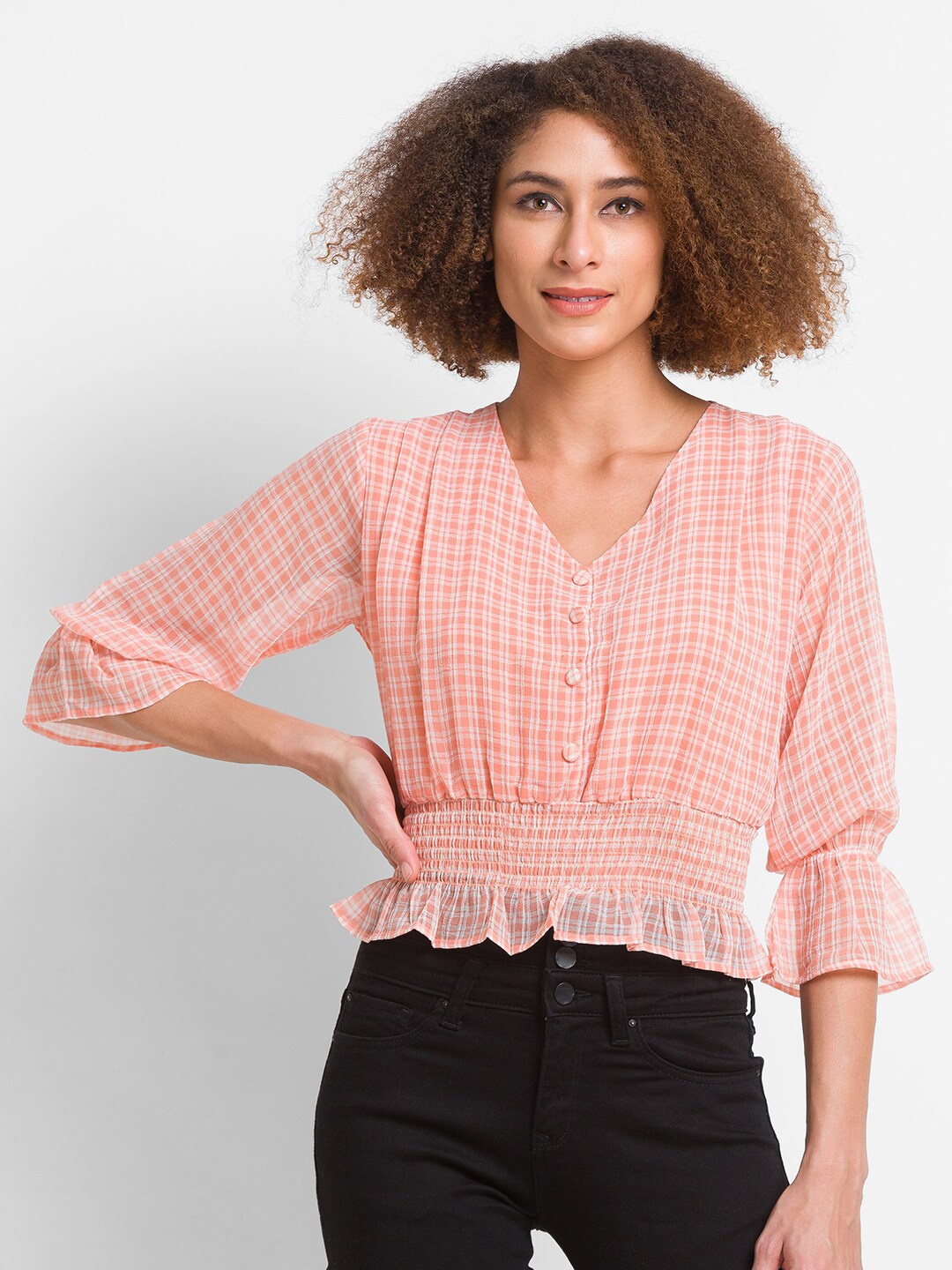 

Globus Peach-Coloured & White Checked Georgette Blouson Top