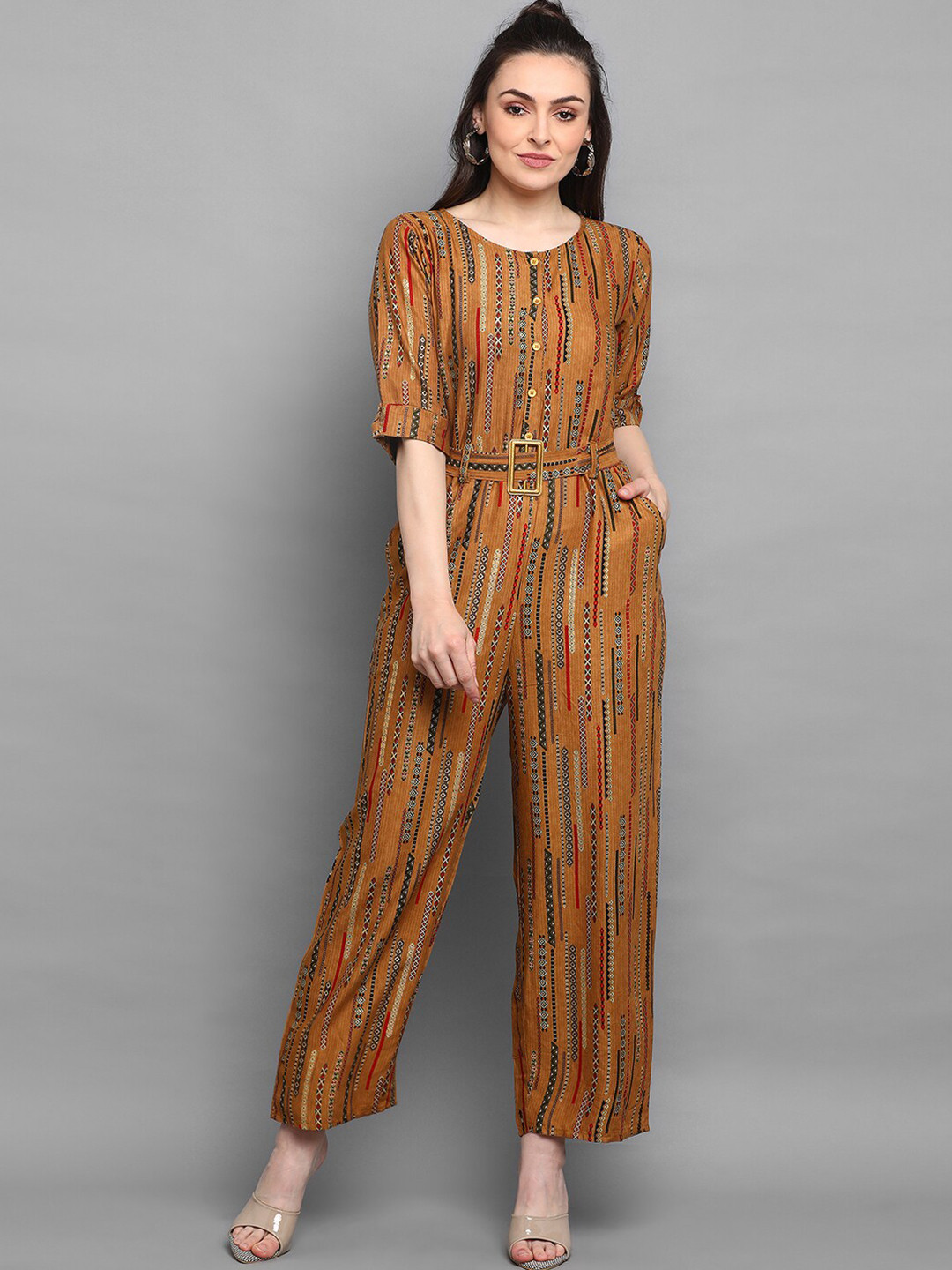 

J Turritopsis Brown & Red Foil Printed Basic Jumpsuit