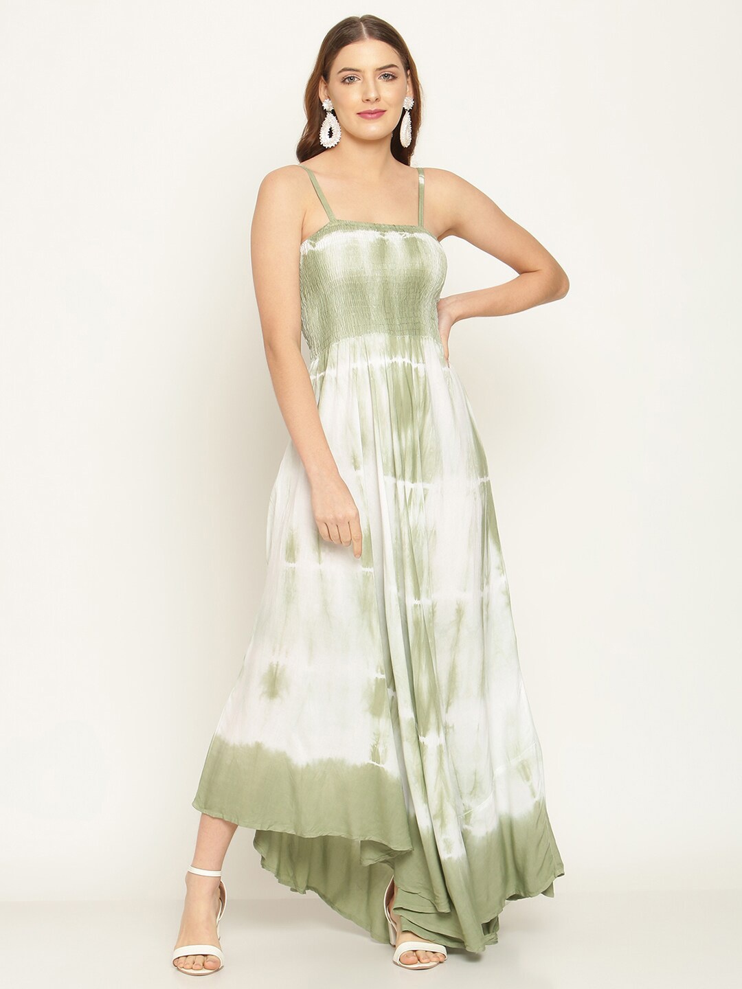 

Aawari Olive Green & White Tie and Dye Smocked Asymmetrical Maxi Dress