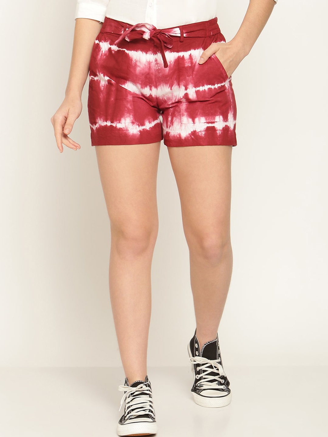 

Aawari Women Maroon & Off-White Printed High-Rise Shorts