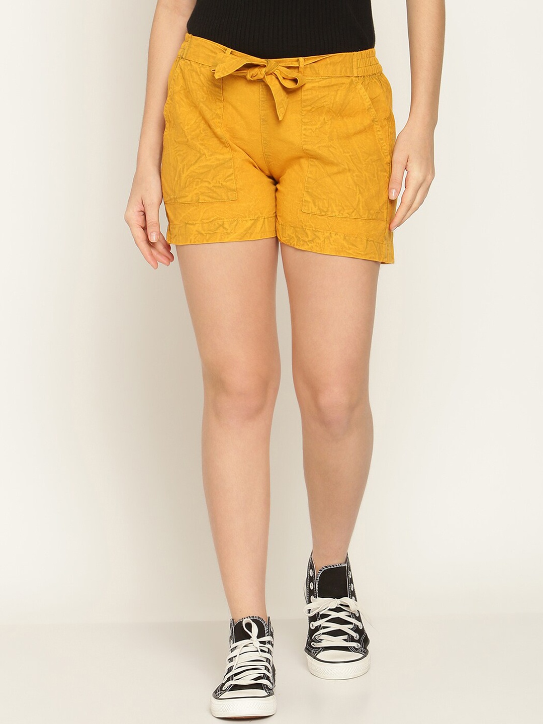 

Aawari Women Mustard Yellow High-Rise Denim Shorts