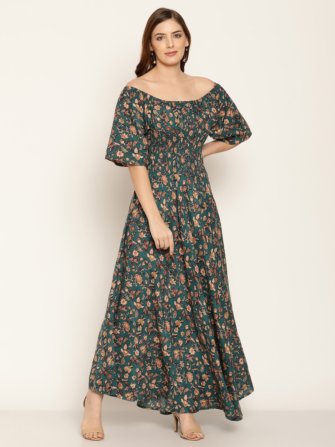 

Aawari Green & Cream-Coloured Floral & Smocked Off-Shoulder Maxi Dress