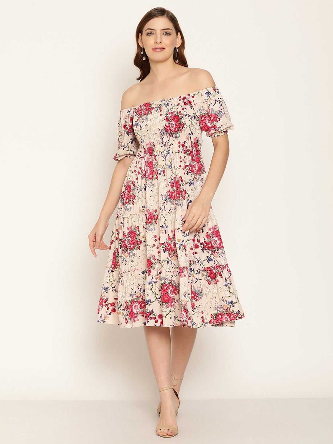 

Aawari Beige & Red Floral Off-Shoulder Midi Dress