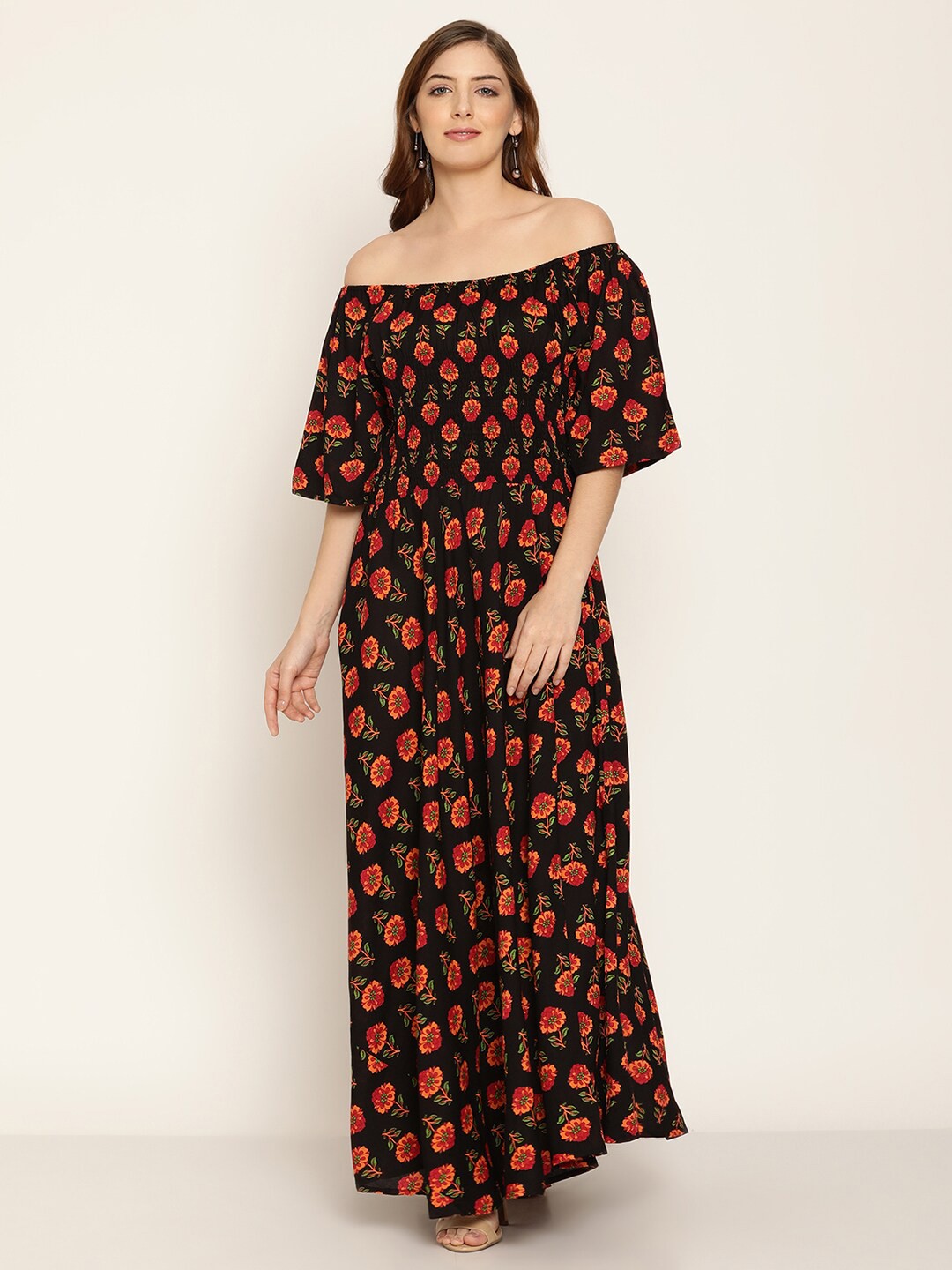 

Aawari Women Black & Red Floral Printed Off-Shoulder Maxi Dress