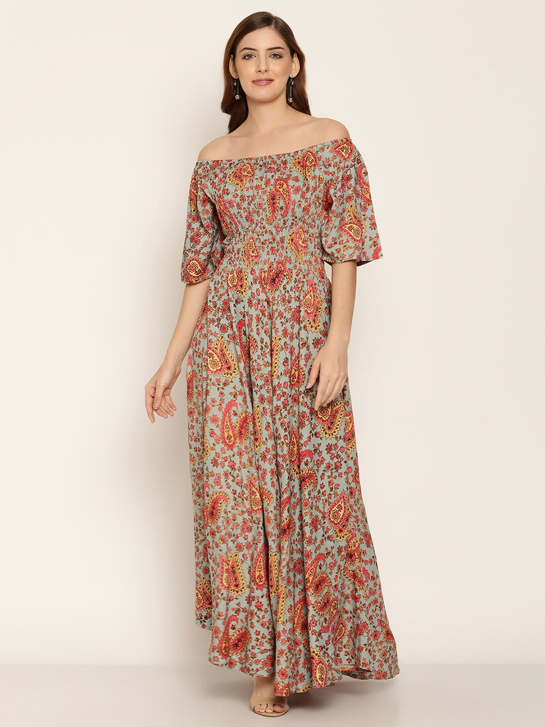 

Aawari Turquoise Blue Floral Off-Shoulder Maxi Dress