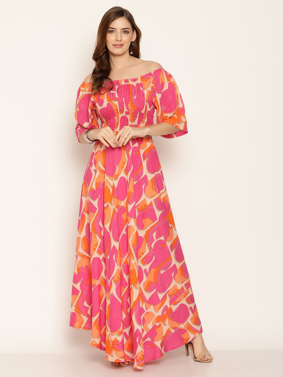 

Aawari Cream-Coloured & Pink Printed Off-Shoulder Smocked Maxi Dress