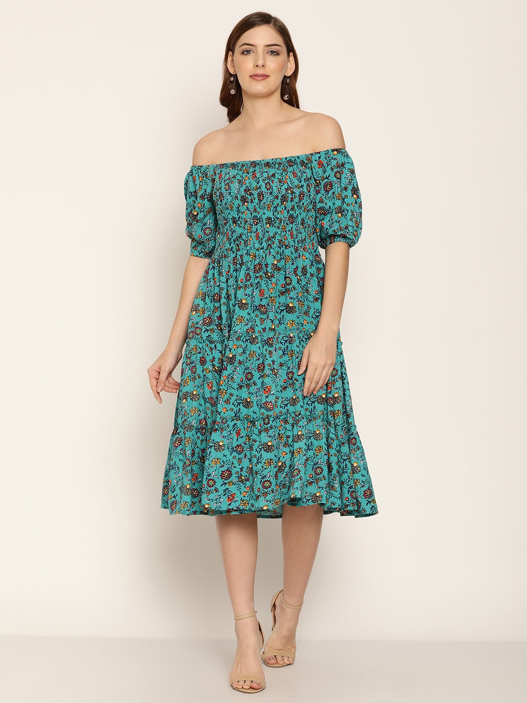 

Aawari Teal & Yellow Floral Off-Shoulder Smocked Midi Dress