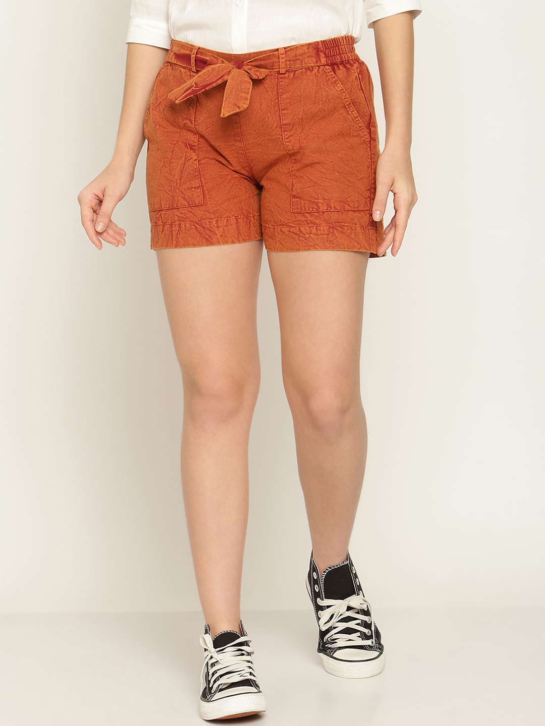 

Aawari Women Brown Washed High-Rise Cotton Shorts