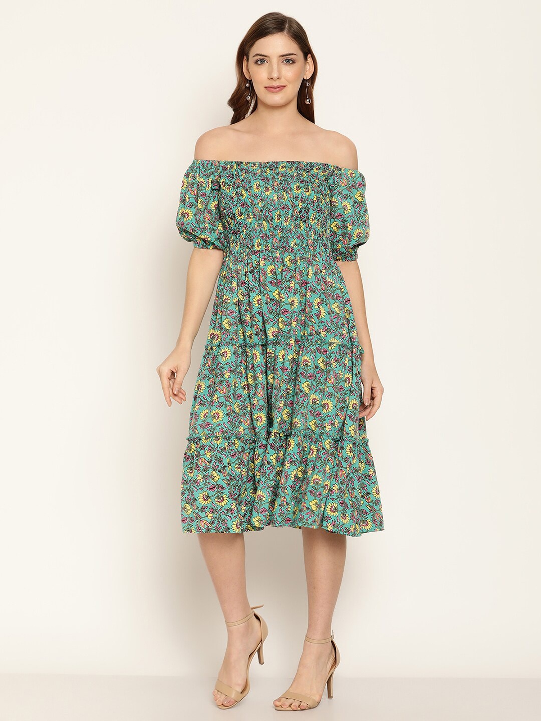 

Aawari Green & Yellow Floral Off-Shoulder Midi Dress