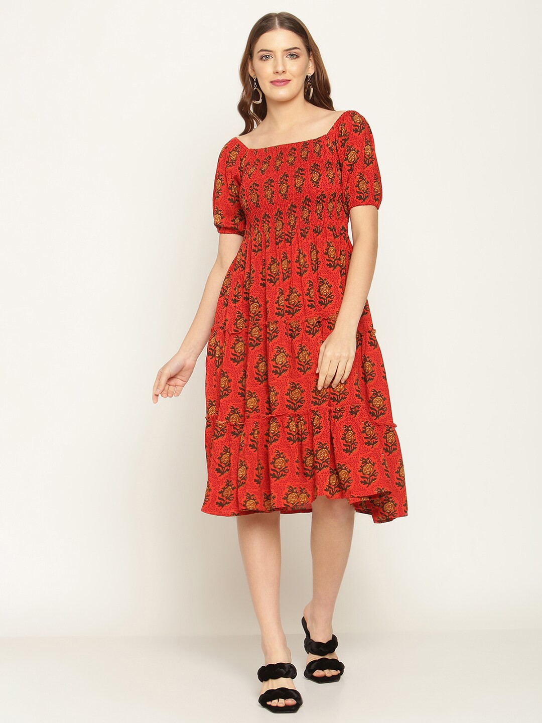 

Aawari Red & Mustard Yellow Floral Printed Dress