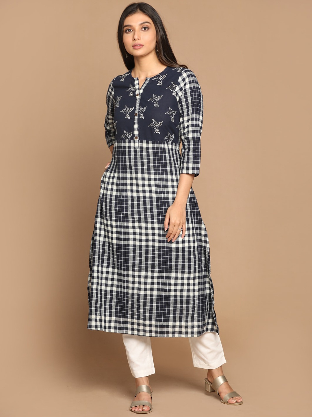 

Earthwear Women Navy Blue Indigo Cotton Checked A-Line Kurta with Hand Embroidered