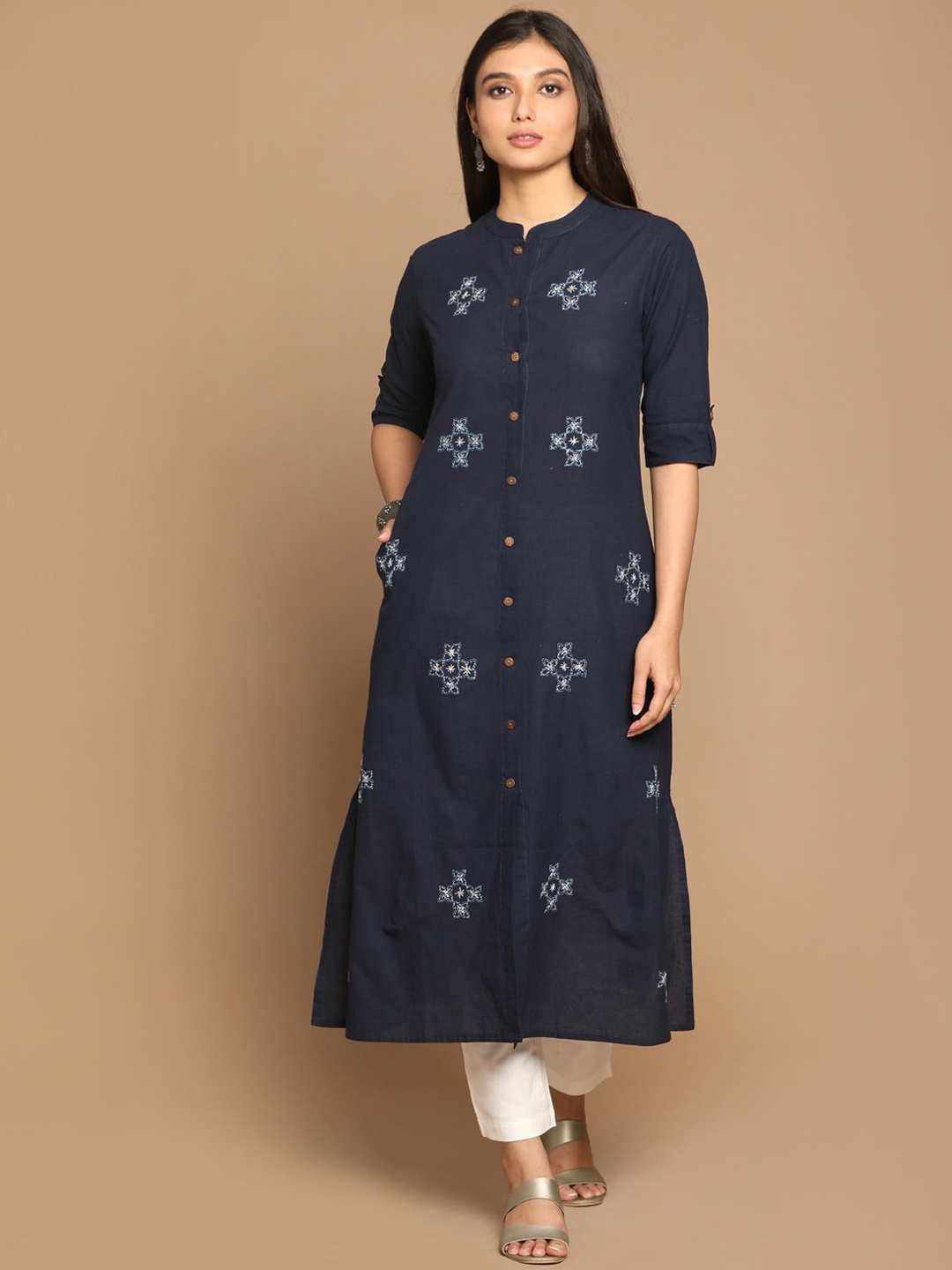 

Earthwear Women Navy Blue Pure Cotton A-Line Kurta with Geometric Hand Embroidery Motifs