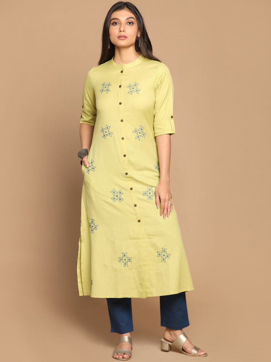 

Earthwear Women Lime Green Pure Cotton A-Line Kurta with Geometric Hand Embroidery Motifs